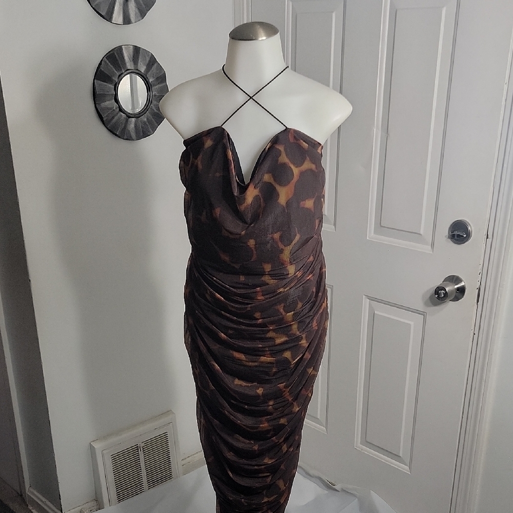 Future Collection Animal Print Ruched Stretchy Form Fitting Halter Dress XXL